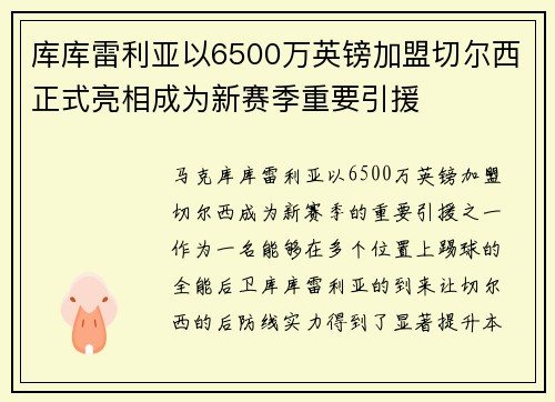 库库雷利亚以6500万英镑加盟切尔西正式亮相成为新赛季重要引援 库库雷利亚以6500万英镑加盟切尔西正式亮相成为新赛季重要引援