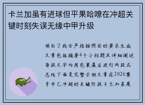 卡兰加虽有进球但平果哈嘹在冲超关键时刻失误无缘中甲升级