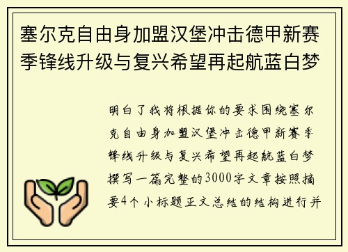 塞尔克自由身加盟汉堡冲击德甲新赛季锋线升级与复兴希望再起航蓝白梦